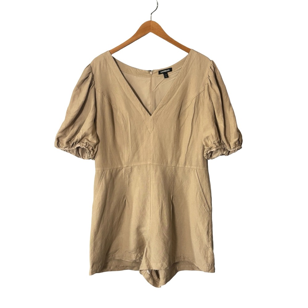 Express Linen Blend Puff Sleeve V-Neck Romper Size Large Tan‎ Beige Neutral